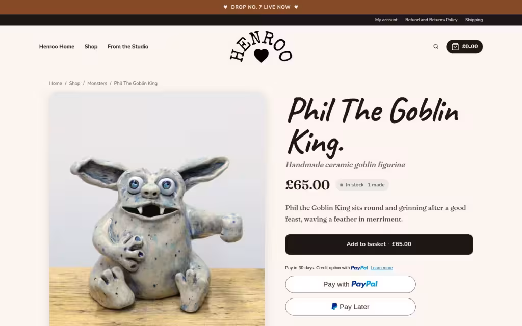 Henroo product page for Phil The Goblin King, a speckled pale blue ceramic goblin, showing his price, his stock label and the Add to basket and PayPal buttons